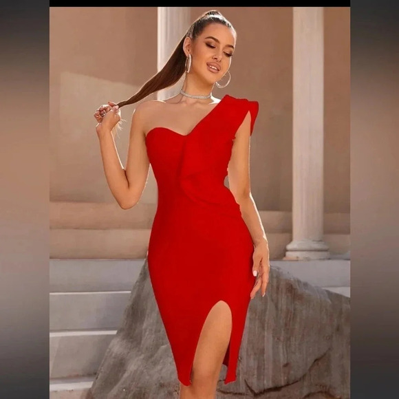 ADYCE One Shoulder Exaggerated Ruffle Trim Split Thigh Hem Bandage Dress - Picture 4 of 6